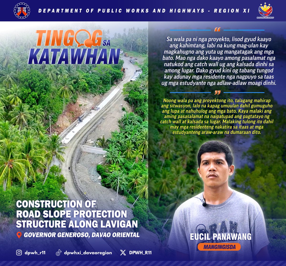 DPWH_R11's tweet photo. 𝐓𝐈𝐍𝐆𝐎𝐆 𝐒𝐀 𝐊𝐀𝐓𝐀𝐖𝐇𝐀𝐍: Construction of Road Slope Protection Structure along Lavigan, Governor Generoso, Davao Oriental.

#DPWH #DPWHXI #BuildBetterMore #BagongPilipinas https://t.co/gIkex3PNsE