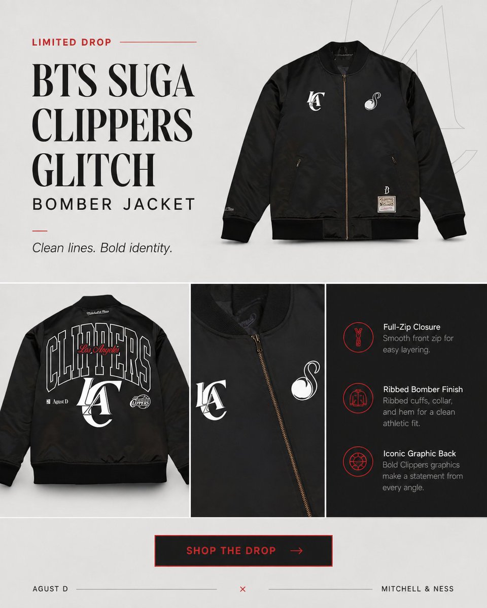 wonderjackets's tweet photo. Make every outfit stand out with the BTS SUGA Clippers Glitch Bomber Jacket. A bold streetwear essential inspired by SUGA's signature style. 🔥🖤

#BTSSUGA #BomberJacket #KpopFashion #Streetwear https://t.co/zILEYRl2On