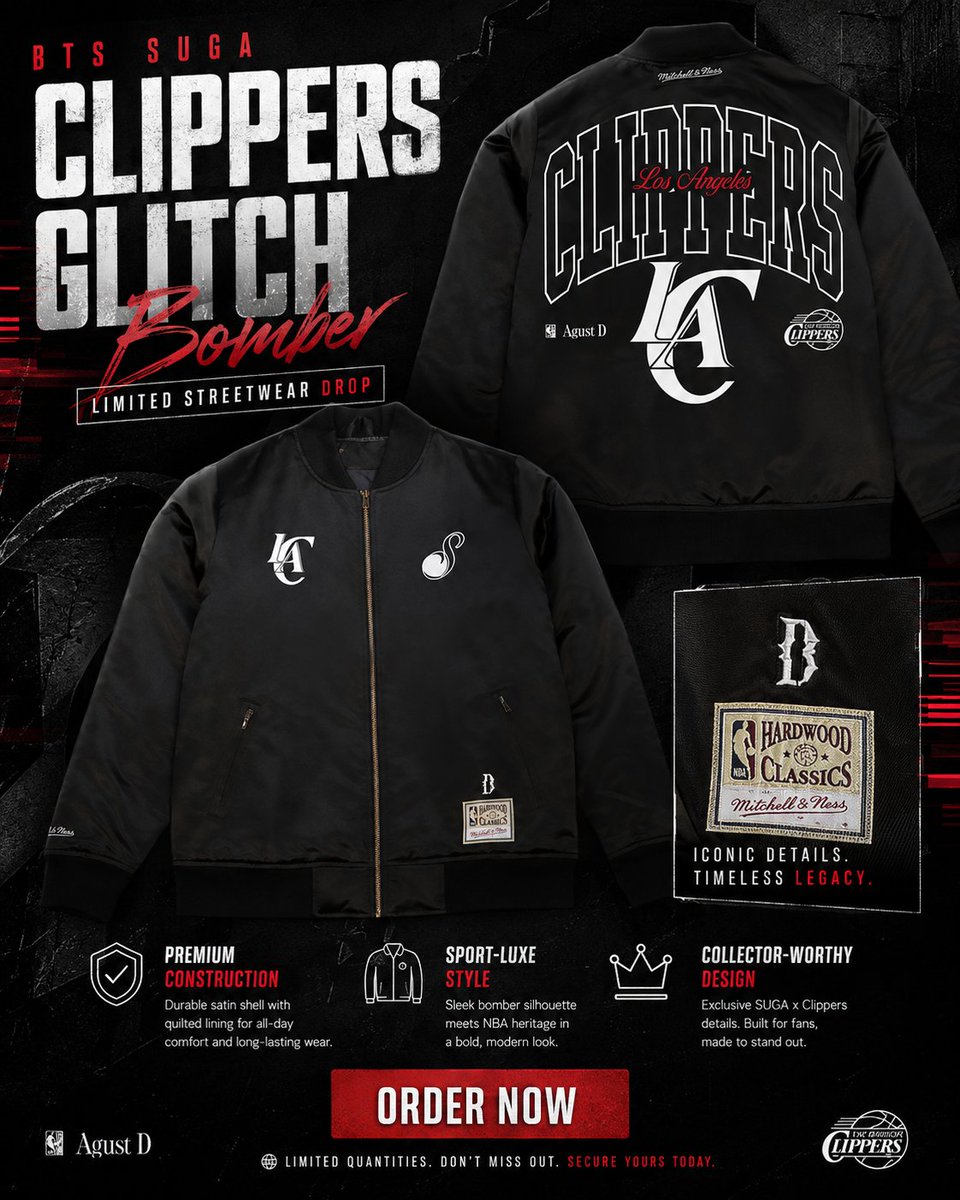 wonderjackets's tweet photo. Make every outfit stand out with the BTS SUGA Clippers Glitch Bomber Jacket. A bold streetwear essential inspired by SUGA's signature style. 🔥🖤

#BTSSUGA #BomberJacket #KpopFashion #Streetwear https://t.co/zILEYRl2On