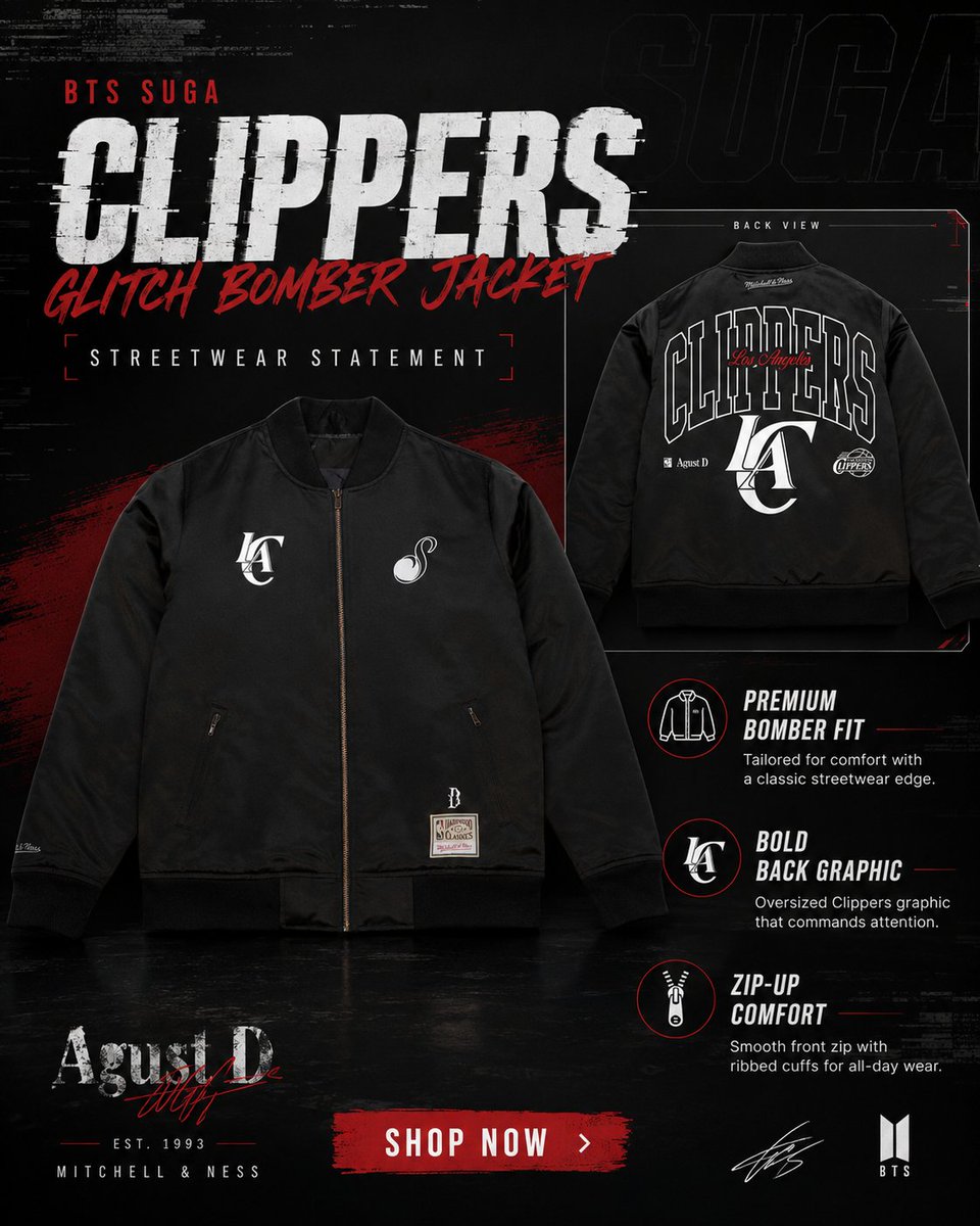 wonderjackets's tweet photo. Make every outfit stand out with the BTS SUGA Clippers Glitch Bomber Jacket. A bold streetwear essential inspired by SUGA's signature style. 🔥🖤

#BTSSUGA #BomberJacket #KpopFashion #Streetwear https://t.co/zILEYRl2On