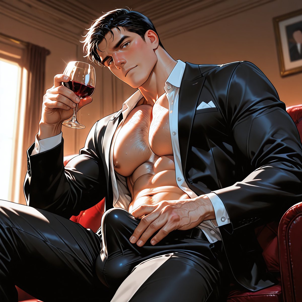 Cyborg_Velvet's tweet photo. Not everything that hangs is a bat 🦇
Part 2/7 
The wine is mine... but there's something else I can offer you.
 #BruceWayne #Batman #Ai #NSFW #Bara #Pecs #Bulge #VeinyArms #BaraAi #GayAi #R18 #CyborgVelvet https://t.co/mQxZp8SoPo