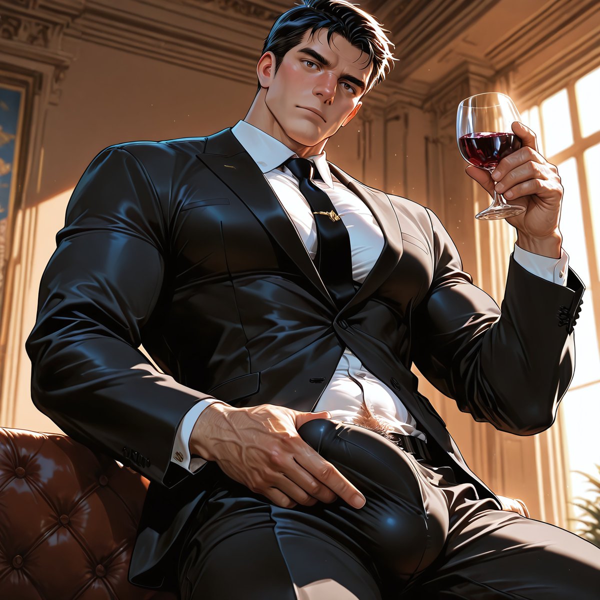Cyborg_Velvet's tweet photo. Not everything that hangs is a bat 🦇
Part 2/7 
The wine is mine... but there's something else I can offer you.
 #BruceWayne #Batman #Ai #NSFW #Bara #Pecs #Bulge #VeinyArms #BaraAi #GayAi #R18 #CyborgVelvet https://t.co/mQxZp8SoPo