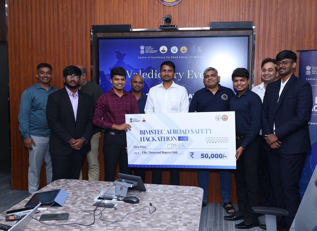 MORTHIndia's tweet photo. Young Minds. Smarter Solutions. Safer Roads.

The BIMSTEC AI Road Safety Hackathon 2026 brought together young innovators from BIMSTEC nations to develop AI-powered solutions for road law awareness, infrastructure reporting and emergency response. Organized by MoRTH in association with the Ministry of External Affairs and Centre of Excellence for Road Safety, IIT Madras, the Hackathon showcased the power of innovation and regional collaboration to advance road safety.

#BIMSTEC #RoadSafety #AI #Innovation #SadakSurakshaJeevanRaksha