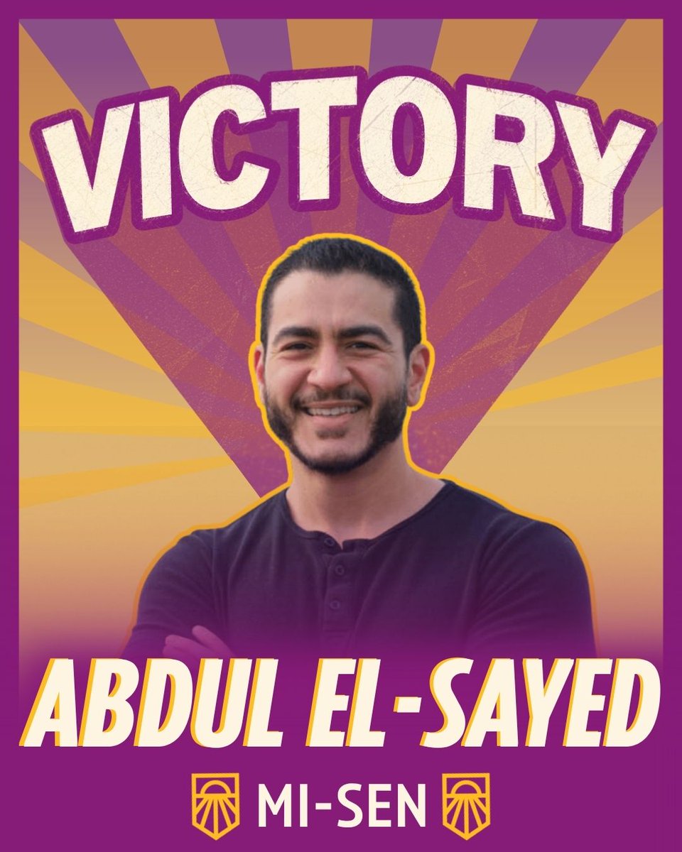 sunrisemvmt's tweet photo. VICTORY! Congratulations to @AbdulElSayed on his victory in Michigan tonight.

This win proves that working people everywhere – from New York to Michigan – are ready for leaders who fight for their priorities: Medicare for All, affordability, and a Green New Deal. https://t.co/XF2gGWXvt7