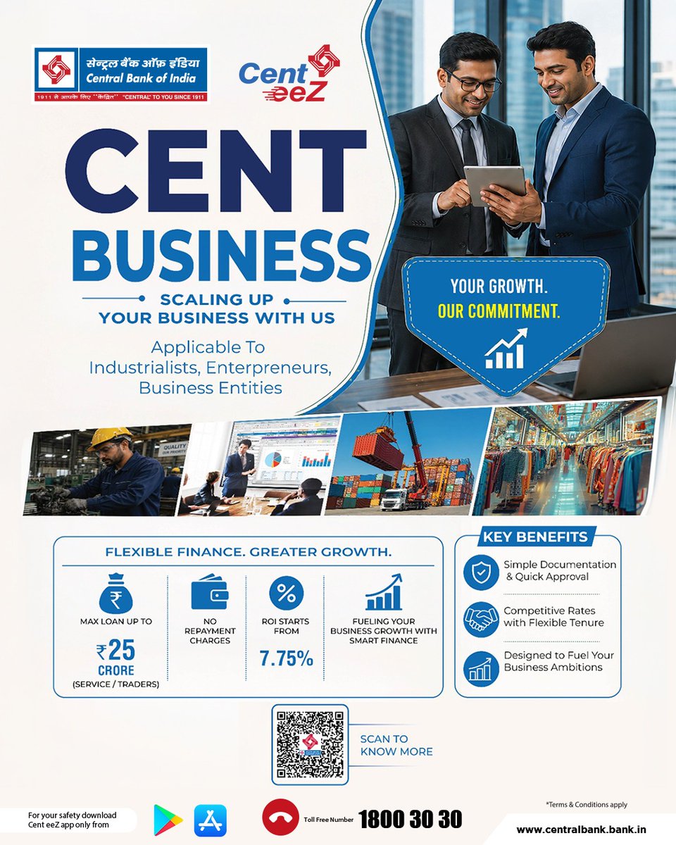 centralbank_in's tweet photo. Scale your business with the right financial support. With Cent Business, get flexible finance, competitive rates and solutions designed to fuel your business growth.
#CentralBankOfIndia #CentBusiness #MSMEBuddy #MSME #CentralToYouSince1911 https://t.co/37DQwAMpsJ