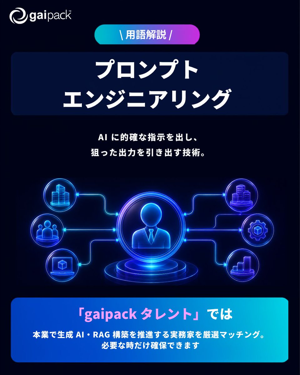 gaipack_ai's tweet photo. 【📖 プロンプトエンジニアリングとは？】

AI に的確な指示を出し、狙った出力を引き出す技術。

「gaipack タレント」では 本業で生成 AI・RAG 構築を推進する実務家を厳選マッチング。必要な時だけ確保できます

▼詳細
https://t.co/PRExKZIqPn

#gaipack #AI人材 https://t.co/ON3XmHR0wo