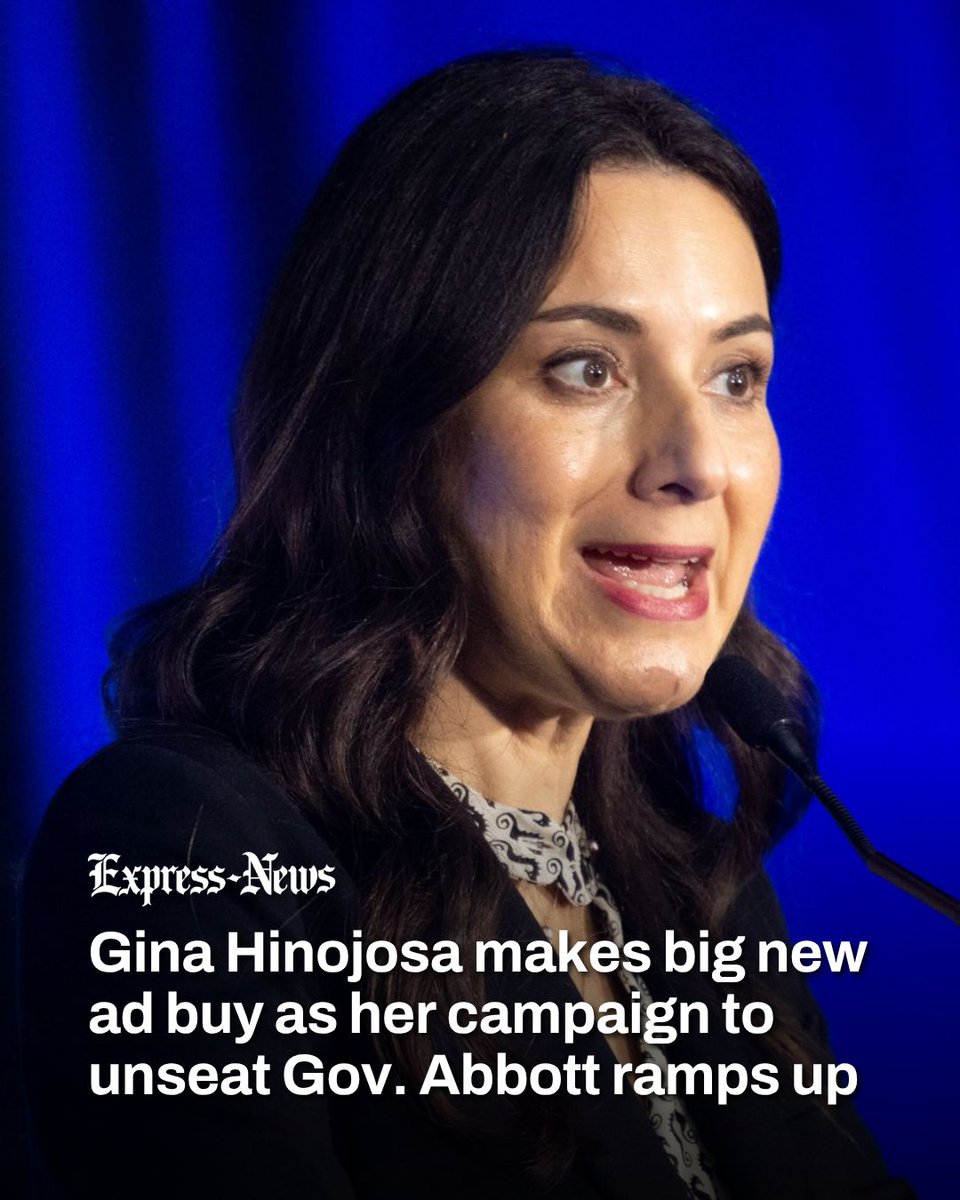 ExpressNews's tweet photo. A new $340,000 ad campaign by Gina Hinojosa, the Democrat trying to unseat Texas Gov. Greg Abbott, dropped on Tuesday in markets across the state – ramping up her battle against the Republican running for a historic fourth term. https://t.co/Rw9GH5ctUf https://t.co/eL900txOYB