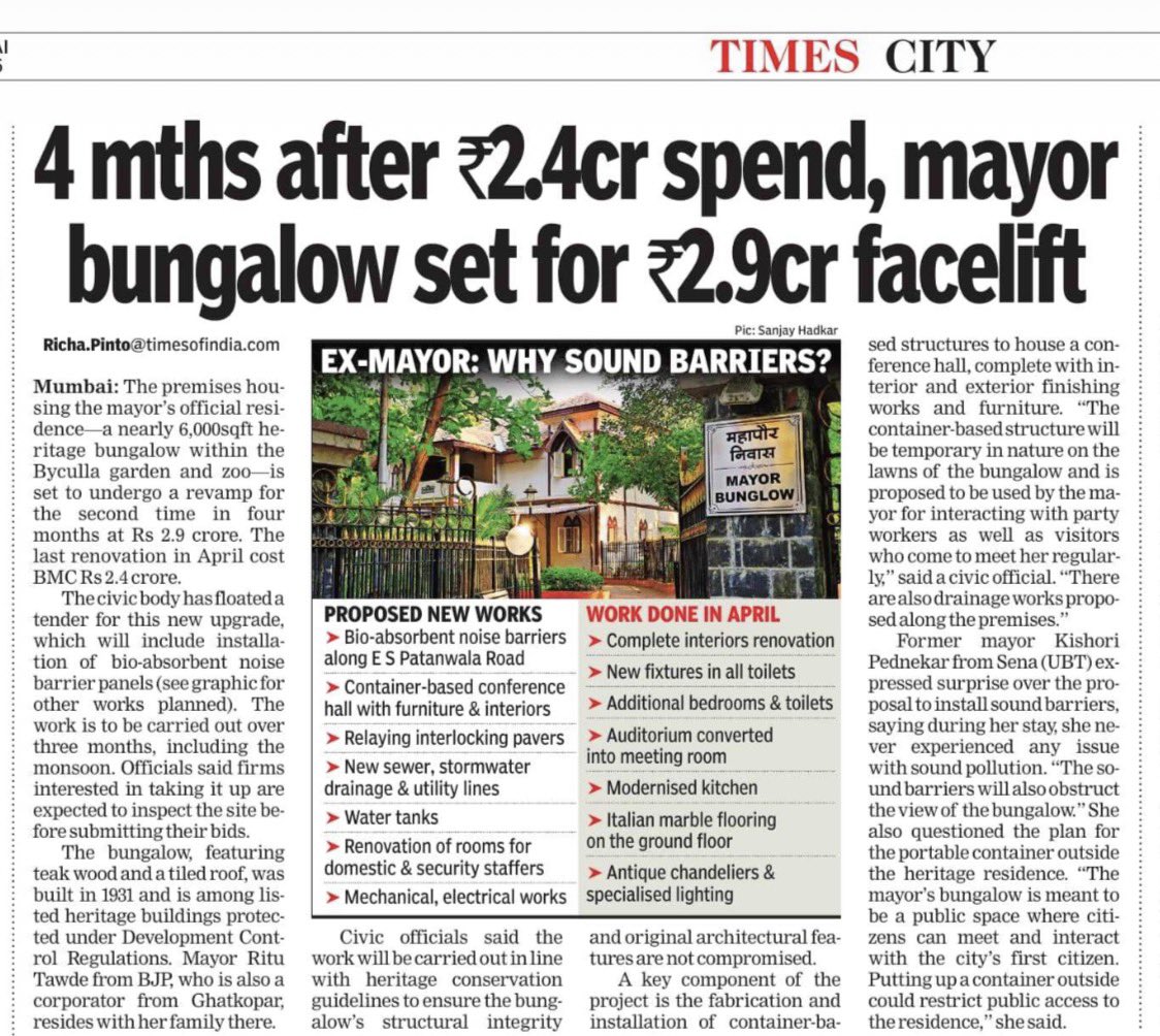 richapintoi's tweet photo. Mumbai Mayor Ritu Tawde’s official bungalow premises at Byculla is set for another round of upgrade, this time it’s bio-absorbent noise barrier panels, fabrication and installation of container-based structure to house a conference hall, complete with interior and exterior finishing works & furniture.

The current official residence, located within Rani Baug, is a heritage structure built in 1931, spread over nearly 6,000 sq ft, featuring teak wood construction and a tiled roof. In April this year, already around ₹2.39 crore was spent on the upgradation of the same bungalow. More below 👇🏻 

https://t.co/YilueS52yh