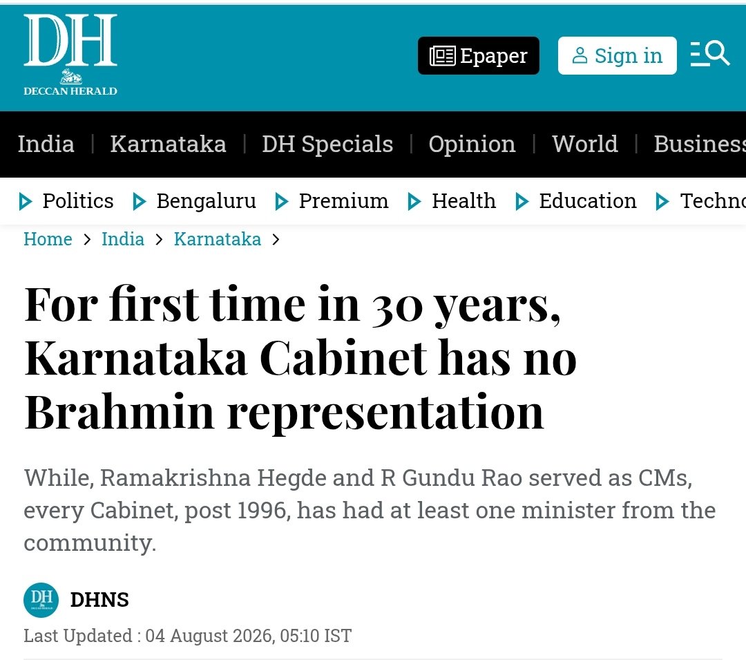 treeni's tweet photo. For first time in 30 years, Karnataka Cabinet has no Brahmin representation.

The two prominent Brahmin leaders in the Congress — R V Deshpande and Dinesh Gundu Rao — did not find a place.

One Brahmin leader in Congress said this was the party’s signal that it prefers communities that are politically stronger and more rewarding.