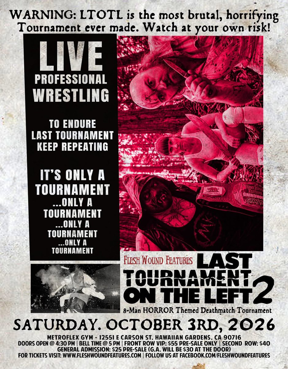 FleshWoundRadio's tweet photo. https://t.co/mPZXhxRqwX #LastTournamentOnTheLeft2 #DeathmatchWrestling #SoCalWrestling #LTOTL2 #MichaelKrueger #DimitriAlexandrov #HardcoreHillbilly #DeathmatchJesus #ProWrestling #LoisGrain #LAEvents #CaliforniaWrestling #HorrorMovies #HorrorCommunity @PromoteHorror #OnSale https://t.co/LddKbz2IBQ
