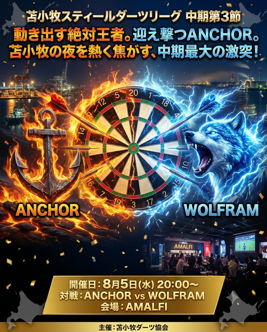 tomakomai_darts's tweet photo. スティールダーツリーグ 中期 第３節
王者、ここに見参! 待っていたのは、宿敵ANCHOR！!
８月５日(水)　２０時開始
ANCHOR vs WOLFRAM 会場：AMALFI
ライブスコアはこちらで観れます
https://t.co/HRjialOMQl
#ダーツ #スティールダーツ #ハードダーツ #苫小牧 #AMALFI

https://t.co/NrPTI33u2x https://t.co/DVAVWoXRR7