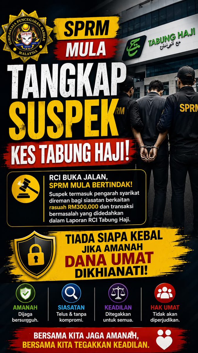 Atila476's tweet photo. SPRM MULA TANGKAP SUSPEK KES TABUNG HAJI!

RCI buka jalan, SPRM mula bertindak!

Suspek termasuk pengarah syarikat direman bagi siasatan rasuah RM300,000.

Tiada siapa kebal jika amanah dana umat dikhianati.

#rcitabunghaji #sprm #kianatamanah #reman https://t.co/IPqEwPv7Vx