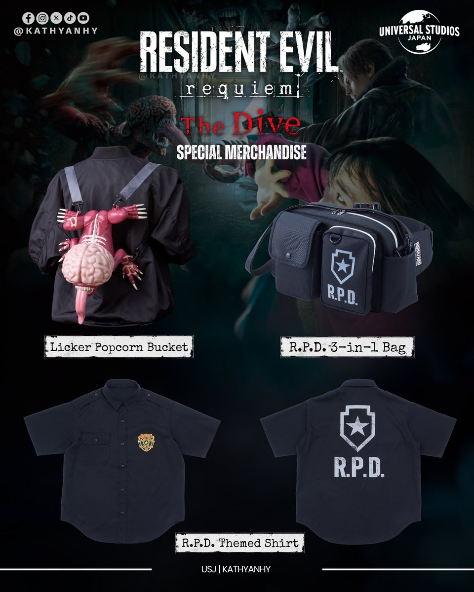 kathyanhy's tweet photo. Special Resident Evil: Requiem – The Dive Merchandise at the Cinema 4-D Store at Universal Studios Japan 🛍️

Universal Studios Japan has unveiled an impressive lineup of merchandise led by a spectacular popcorn bucket shaped like the Licker from "Resident Evil: Requiem – The Dive," the horror attraction joining Halloween Horror Nights from September 11 to December 27, 2026.

• The Licker Becomes a Popcorn Bucket 🍿

For the first time at the park, a Resident Evil-themed popcorn bucket inspired by the Licker—the franchise’s most iconic creature—is here. It faithfully reproduces the Licker’s long tongue and sharp claws in great detail. Plus, the head opens to reveal miso-flavored popcorn. It’s a must-have collector’s item for fans.

- On sale: starting September 9, 2026.
- Location: popcorn cart in front of Stage 22.

• RPD-themed shirt 👕

Inspired by the Raccoon City Police Department, part of the park’s popular character apparel line.

• RPD 3-in-1 Bag 🎒

Can be worn as a fanny pack, shoulder bag, or crossbody bag, featuring Resident Evil designs.

- On sale starting September 9, 2026, at the Cinema 4-D store.
- Purchase requirement: Present a valid same-day ticket or annual pass. Designs, prices, and availability are subject to change without notice, and supplies are limited.

#ResidentEvilRequiem #REBH30th #REBHFun #ResidentEvilRequiemTheDive