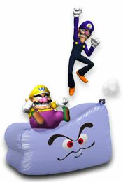 SuperMarioFact's tweet photo. Artwork from Mario Party 4, showing Wario and Waluigi ground-pound their inflatable Thwomp https://t.co/0e66xbMQSh