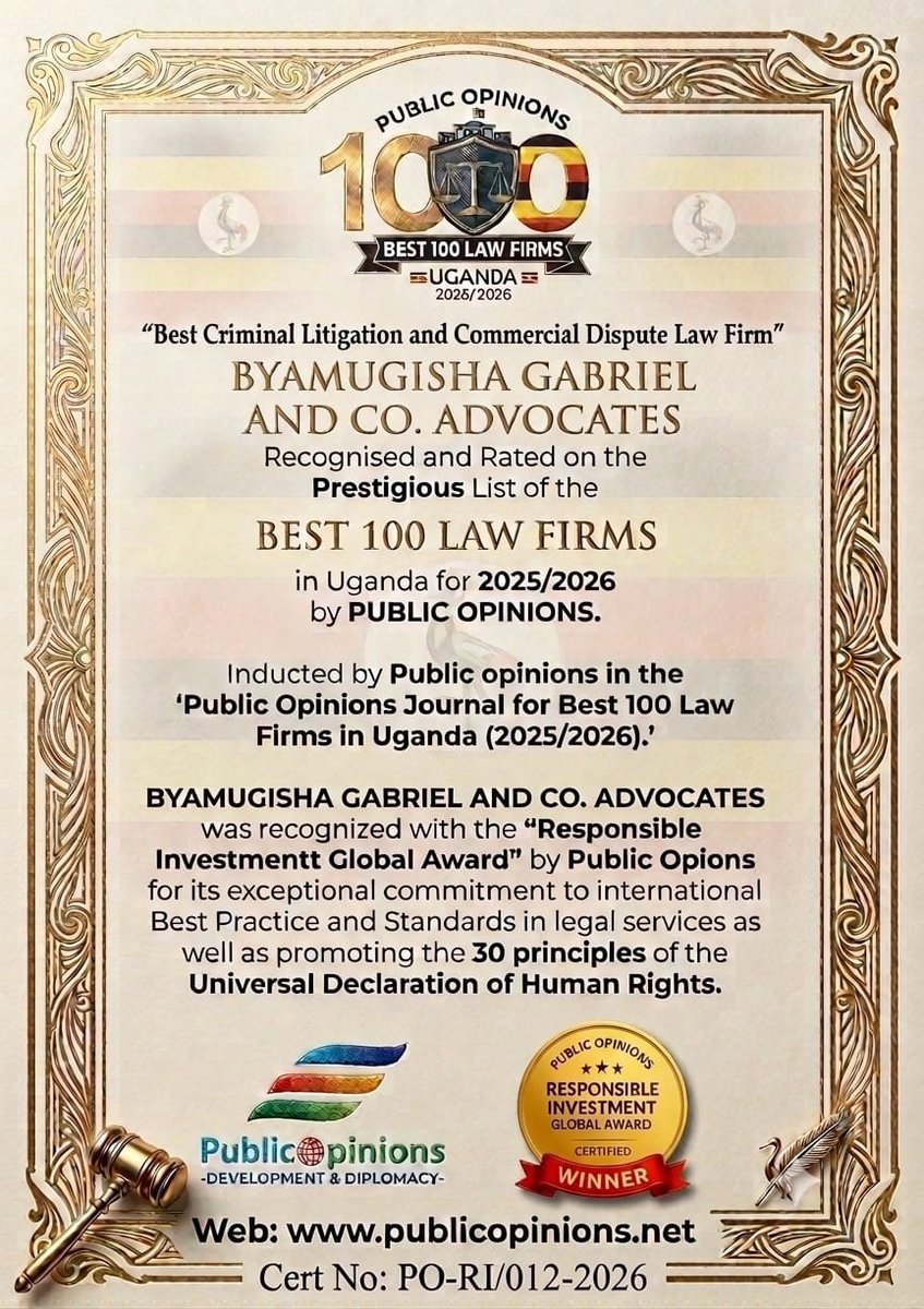 publicopinionsu's tweet photo. BYAMUGISHA GABRIEL &amp; CO.ADVOCATES Wins the Responsible Investment Global Award from Public Opinions as The Best Criminal Litigation and Commercial disputes Law Firm. Confirmed to be inducted in the Public Opinions Journal for Best 100 Law Firms and Lawyers in Uganda https://t.co/EzX8Jn1TH0
