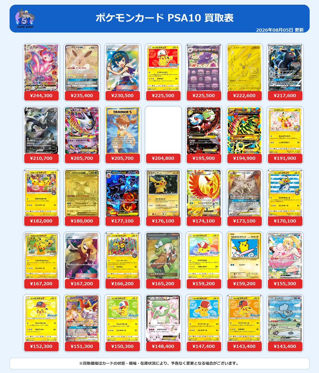 cardshop151's tweet photo. 8/5(水) ポケモンカード PSA10 買取表！

1枚からでもお持ち込みOK！

検索もできて便利な買取表はこちらから👇
https://t.co/9yVX5RAQuI

ご来店お待ちしております！

#ポケモンカード #PSA10 #買取 #秋葉原 https://t.co/aY4x5ffnbv