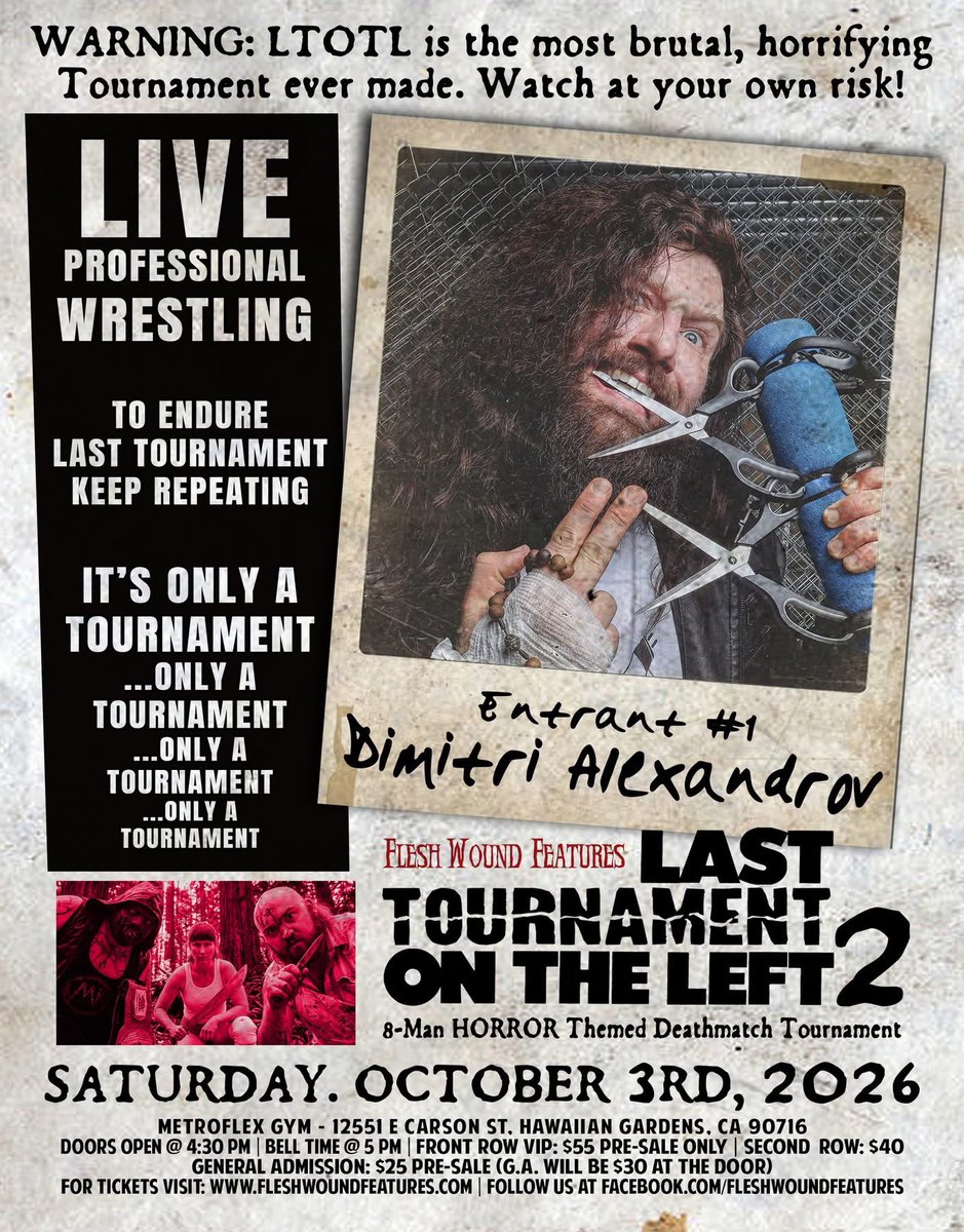 FleshWoundRadio's tweet photo. https://t.co/mPZXhxRqwX #DeathmatchWrestling #DeathMatch #DimitriAlexandrov #DeathmatchJesus @DimitriKillBear @PromoteHorror #ProWrestling #Tickets #OnSale #ProWrestling #HorrorMovies #HorrorCommunity #SoCalWrestling #MichaelKrueger #HardcoreHillbilly #LAEvents #ProWrestlingNews https://t.co/cHfWAz68fe