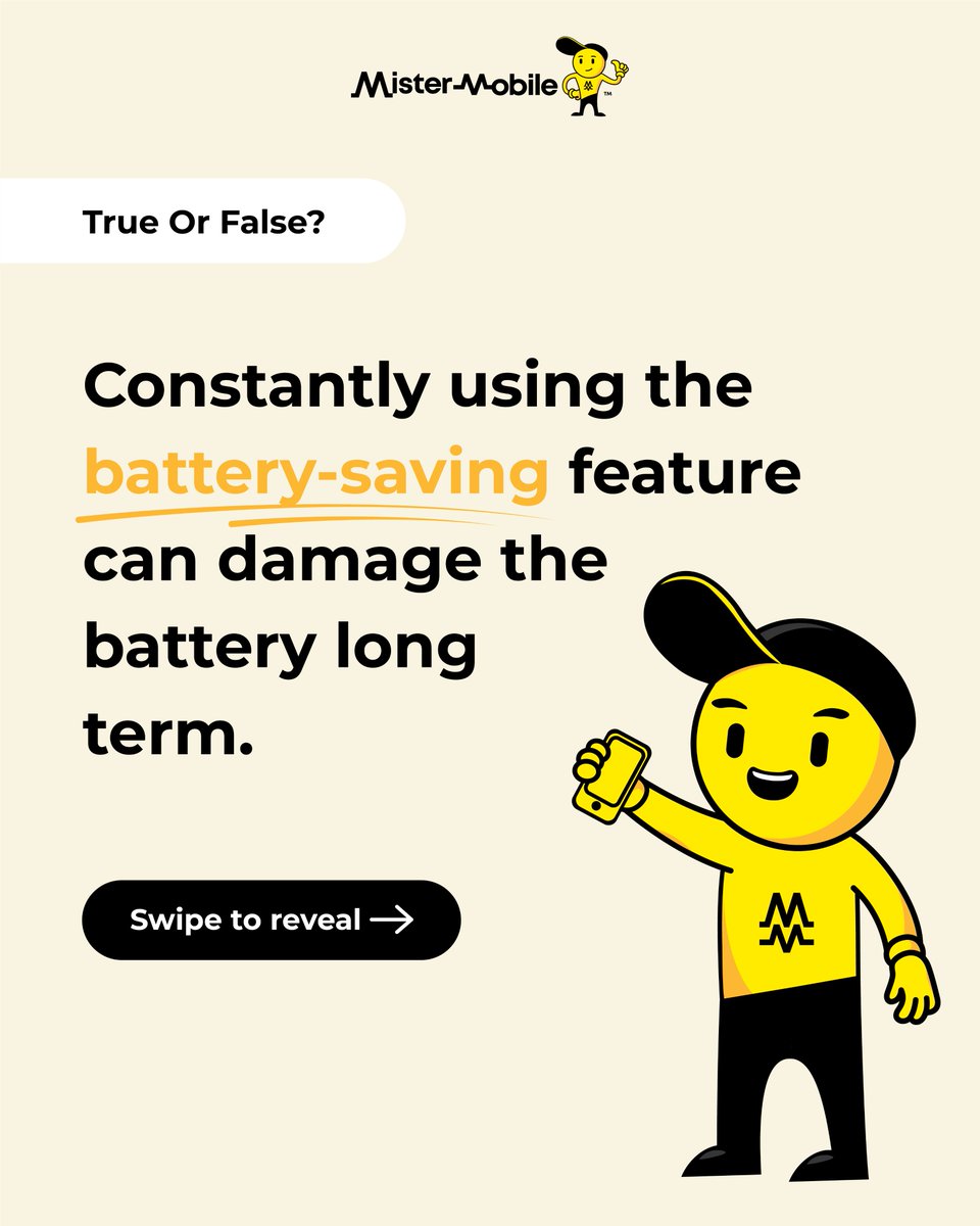 mistermobilesg's tweet photo. True or False? Using battery-saving mode constantly can damage your battery long term. 🤔
Test your knowledge — swipe left to see the answer! 🔋⚠️
Follow me for more fun facts like this!
#MisterMobile #BatteryTips #FunFact https://t.co/ql09Uhjgcc