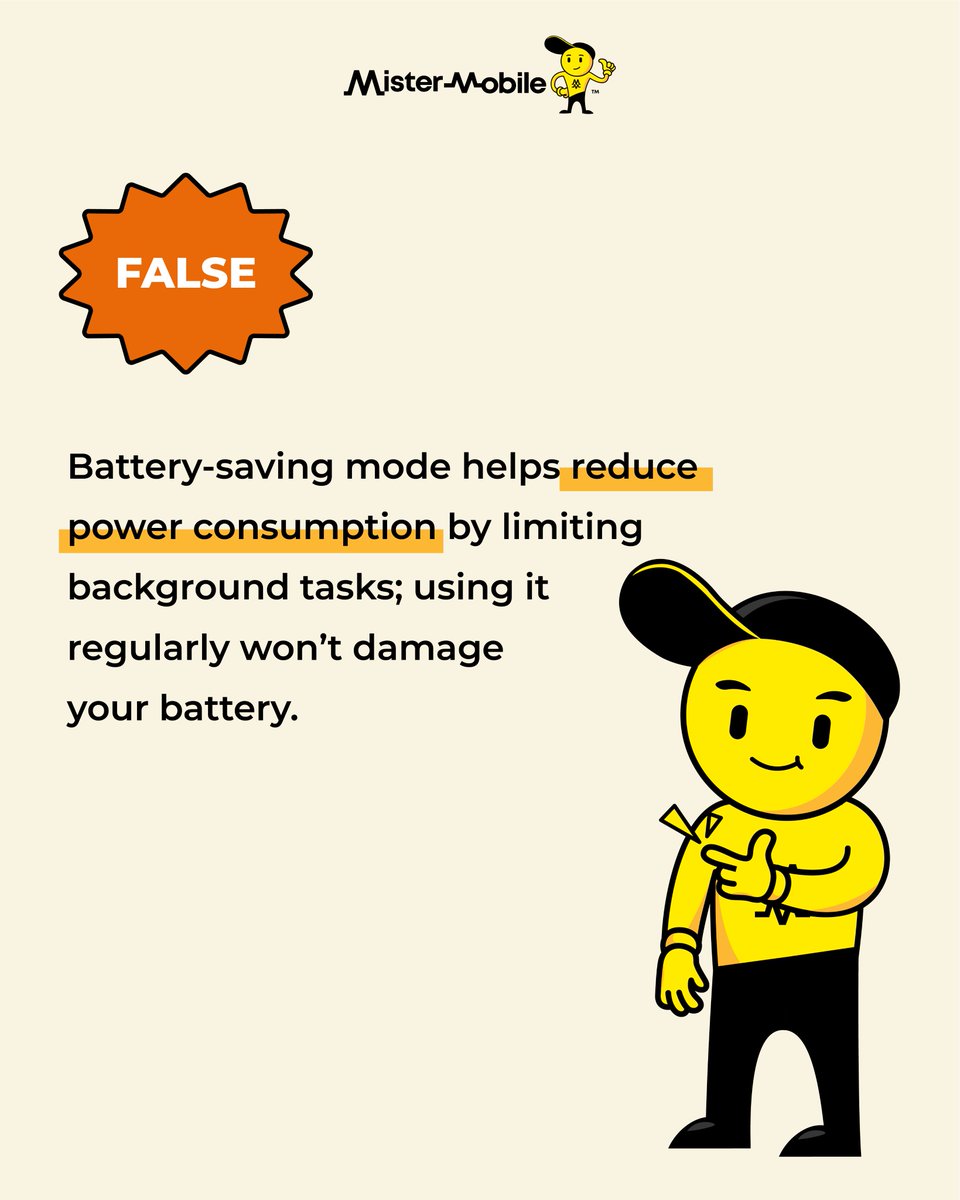 mistermobilesg's tweet photo. True or False? Using battery-saving mode constantly can damage your battery long term. 🤔
Test your knowledge — swipe left to see the answer! 🔋⚠️
Follow me for more fun facts like this!
#MisterMobile #BatteryTips #FunFact https://t.co/ql09Uhjgcc