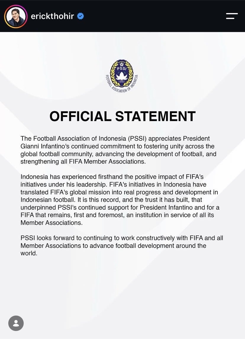 leafortori's tweet photo. Erick Thohir baru aja nge-post Official Statement PSSI yang isinya dukung Gianni Infantino buat lanjut jadi Presiden FIFA. Sekilas biasa aja. Tapi pas gue cari konteksnya, ternyata timing-nya lumayan menarik. 

#pssi #fifa #ericktohir https://t.co/tOmXvwfCOQ