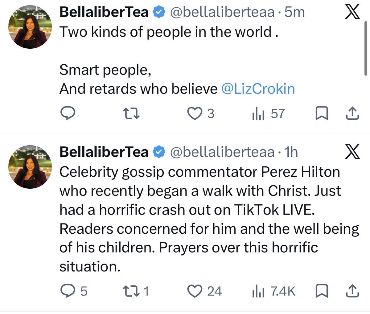 LizCrokin's tweet photo. Bella Rodriguez created a fake tweet using a real photo of my severed fingers from a traumatic surf accident, pushing the narrative that I chopped off my own fingers and “LMFAOing” about it. She has been engaged in a relentless, targeted smear campaign against me along with several others for months —malicious, coordinated, and clearly designed to destroy my mental health and push me toward self-harm.

Tonight she posted a tweet claiming to be horrified by the video of Perez Hilton self-harming, offered prayers, and called the situation “devastating.” The irony of her stating she’s horrified by Perez cutting himself when the other day she implied I chopped off my own fingers to defame and shame me, and laughed about it, should not be lost on anyone. Immediately after her post about Perez, she went straight back to posting another tweet attacking me.

There are many documented cases of people who have taken their own lives as a direct result of sustained online bullying and smear campaigns. David Wilcock was a victim of this kind of harassment and ended his life earlier this year. This is exactly why I am documenting every instance of this nonstop abuse from her and others, and why I am pursuing every available criminal and legal avenue.

Suicide, self-harm and mental health problems are often the result when monsters like Bella — who I am certain is paid to attack me — engage in relentless criminal cyber harassment and bullying campaigns against individuals.

I pray Perez is OK and gets the help he needs.