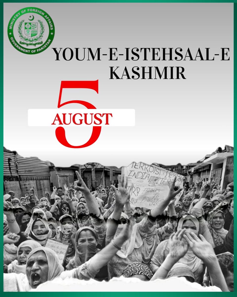 ForeignOfficePk's tweet photo. On Youm-e-Istehsal, Pakistan solemnly commemorates the seventh anniversary of India’s illegal and unilateral actions of 5 August 2019, which sought to alter the internationally recognised disputed status of Indian Illegally Occupied Jammu & Kashmir (IIOJK).

We pay tribute to the courage, resilience, and unwavering resolve of the people of IIOJK. Pakistan remains steadfast in its support for the just struggle of the people of Jammu & Kashmir for the realisation of their right to self-determination, as enshrined in the relevant UN Security Council resolutions.

#YoumEIstehsal #Kashmir #IIOJK #RightToSelfDetermination #HumanRights