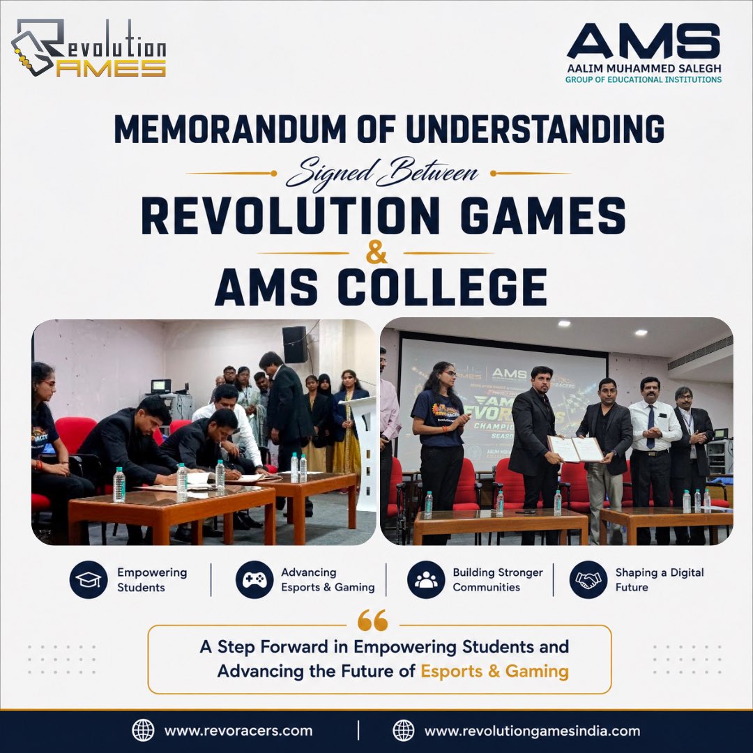 RevoRacers's tweet photo. Revolution Games is proud to announce the signing of an MoU with the Aalim Muhammed Salegh Group of Educational Institutions (AMS) during the AMS RevoRacers Championship – Season 1.
#RevolutionGames #AMS #RevoRacers #Esports #Gaming #MoU #SkillDevelopment #FutureOfGaming https://t.co/j7MfPNEsCF