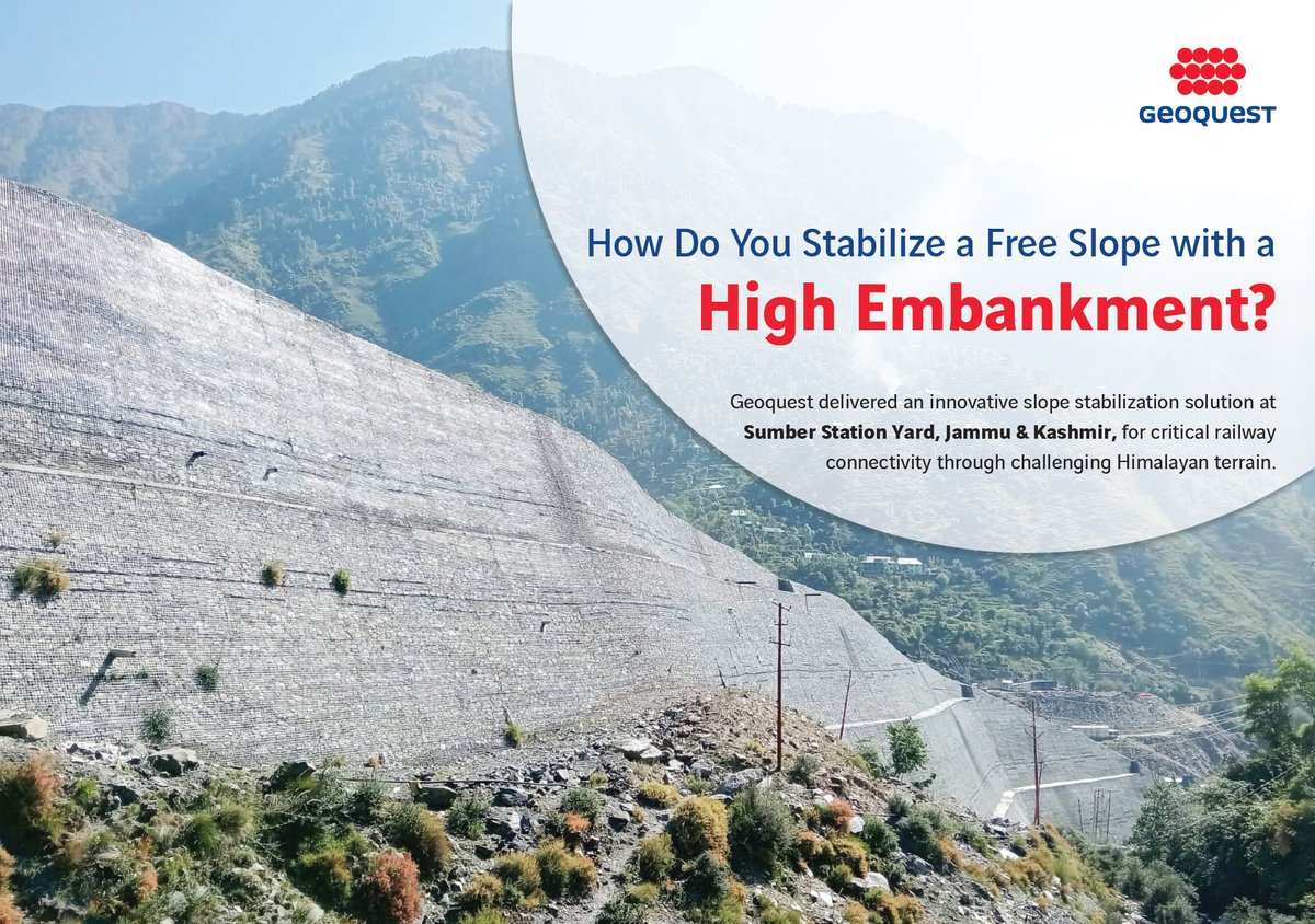 GeoquestIndia's tweet photo. Engineering stability where nature presents challenges.

We successfully #stabilized a free slope with a high #embankment at Sumber Station Yard, Jammu &amp; Kashmir, ensuring a safer and more resilient #railway infrastructure.

🔍 Swipe through to learn how we made it happen. https://t.co/CnhjgC0Fps