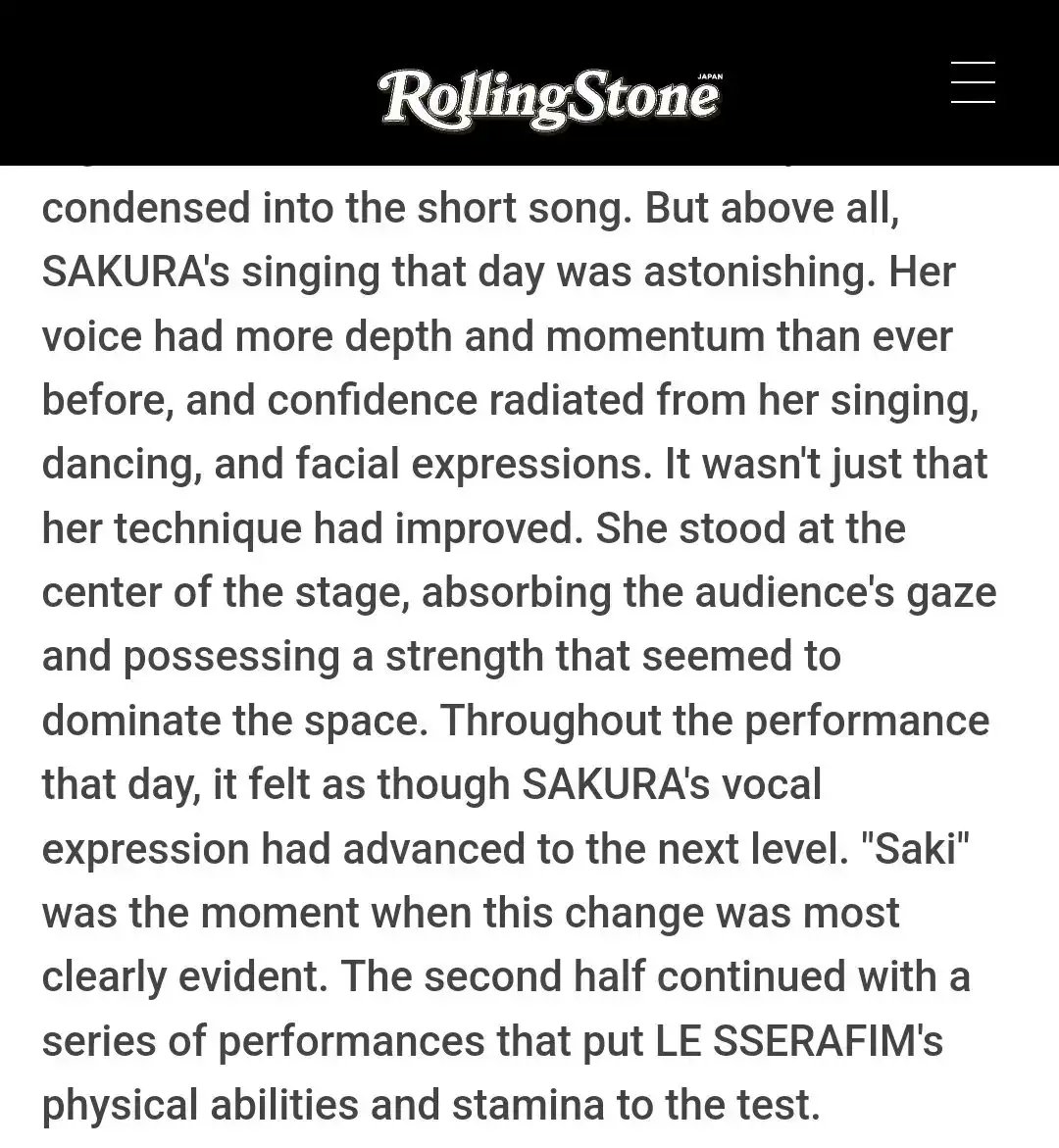 lsrfm_impact's tweet photo. Sakura’s performance during the ‘PUREFLOW’ tour in Japan has been praised by Rolling Stone Japan‼️

— ‘Above all, Sakura’s vocals that day were truly astonishing. (…) Standing at the center of the stage, meeting the audience’s gaze, she possessed a strength that seemed to command the entire space. Her vocals and expression had advanced the performance to the next level.’

🔗https://t.co/2sDbfw1K0f

#사쿠라 #SAKURAImpact #LE_SSERAFIM