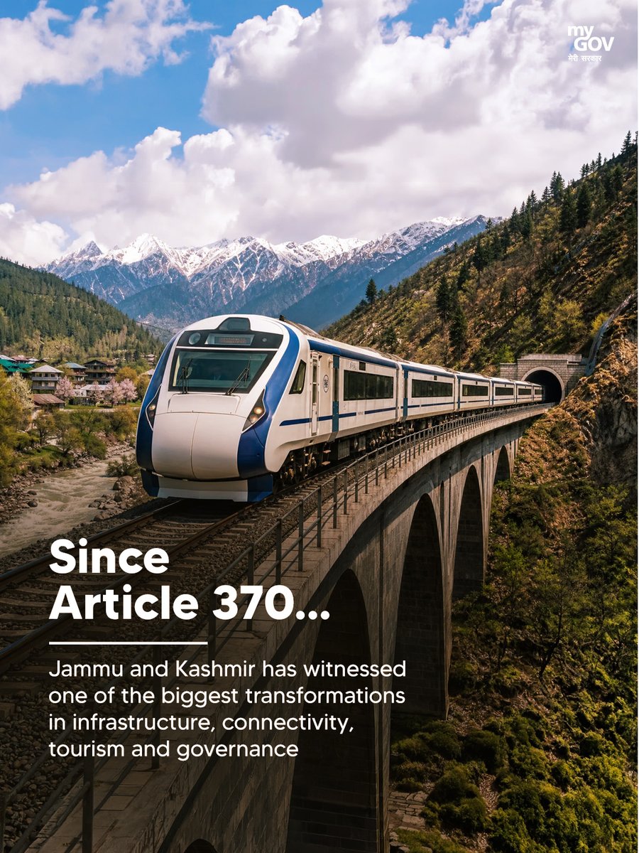 MIB_India's tweet photo. Since Article 370, Jammu and Kashmir has witnessed one of the biggest transformations in infrastructure, connectivity, tourism and governance.

India's first cable-stayed rail bridge, the Anji Bridge, and the mighty Chenab Bridge—the world's highest railway arch bridge rising 359 metres above the river, even taller than the Eiffel Tower—stand as landmark engineering achievements.

#Article370Abrogation