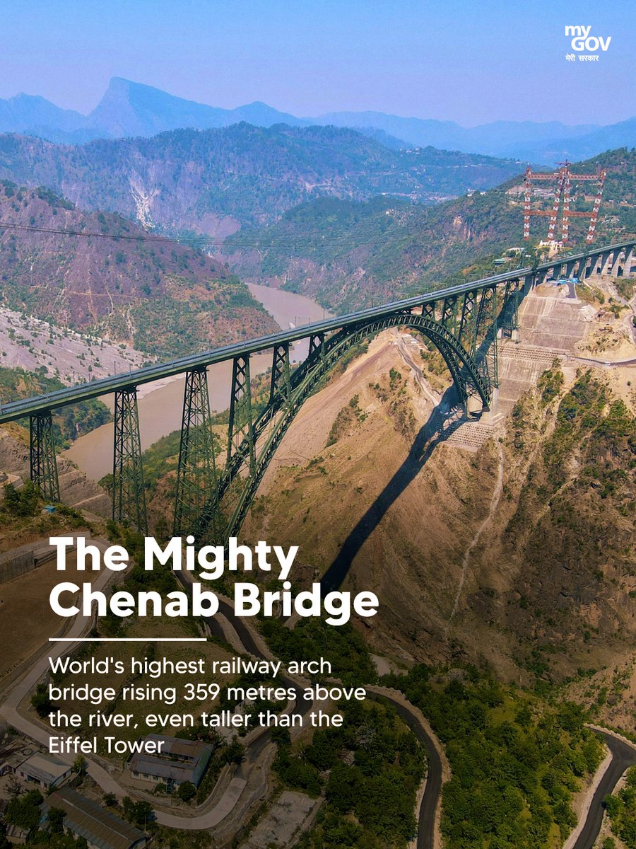 MIB_India's tweet photo. Since Article 370, Jammu and Kashmir has witnessed one of the biggest transformations in infrastructure, connectivity, tourism and governance.

India's first cable-stayed rail bridge, the Anji Bridge, and the mighty Chenab Bridge—the world's highest railway arch bridge rising 359 metres above the river, even taller than the Eiffel Tower—stand as landmark engineering achievements.

#Article370Abrogation