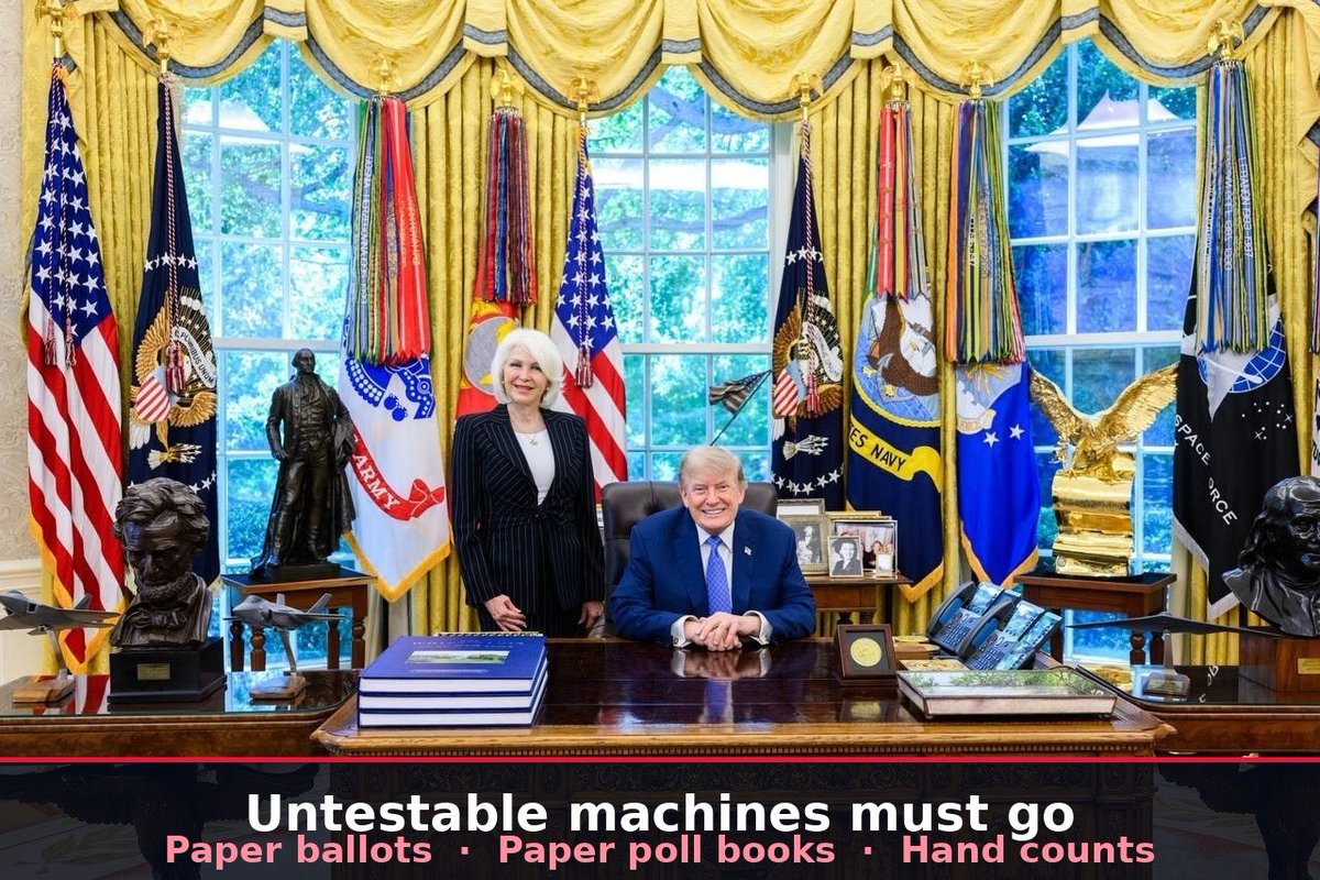 realtinapeters's tweet photo. Untestable machines must go.

CISA’s own files: unpatched systems, soft networks.
Black boxes should not own the certified count.

Paper ballots. Paper poll books. Public hand counts.

Under 100 days.
Set your phone reminder to CALL every day — and share this post with others.

1️⃣ (202) 456-1111 @realDonaldTrump
2️⃣ (202) 482-4513 @howardlutnick
Critical infrastructure. No Chinese-component gear.
https://t.co/S5anW5edzx

Black-box faith is not security.
Elections, not selections.