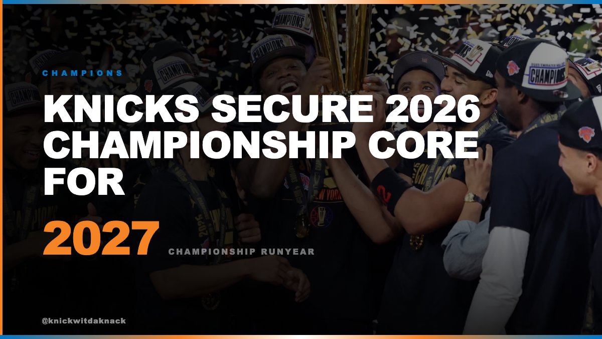 KnickWitDaKnack's tweet photo. GOOD NIGHT CHAMPS! ๐ฅ Rest of the East can keep scrambling, we're already back with our championship core minus Mitch! Try as they might, nobody's catching the 2026 champs! ๐๐งก #Knicks #NBAFinals #Champions https://t.co/GWs78s8qiA