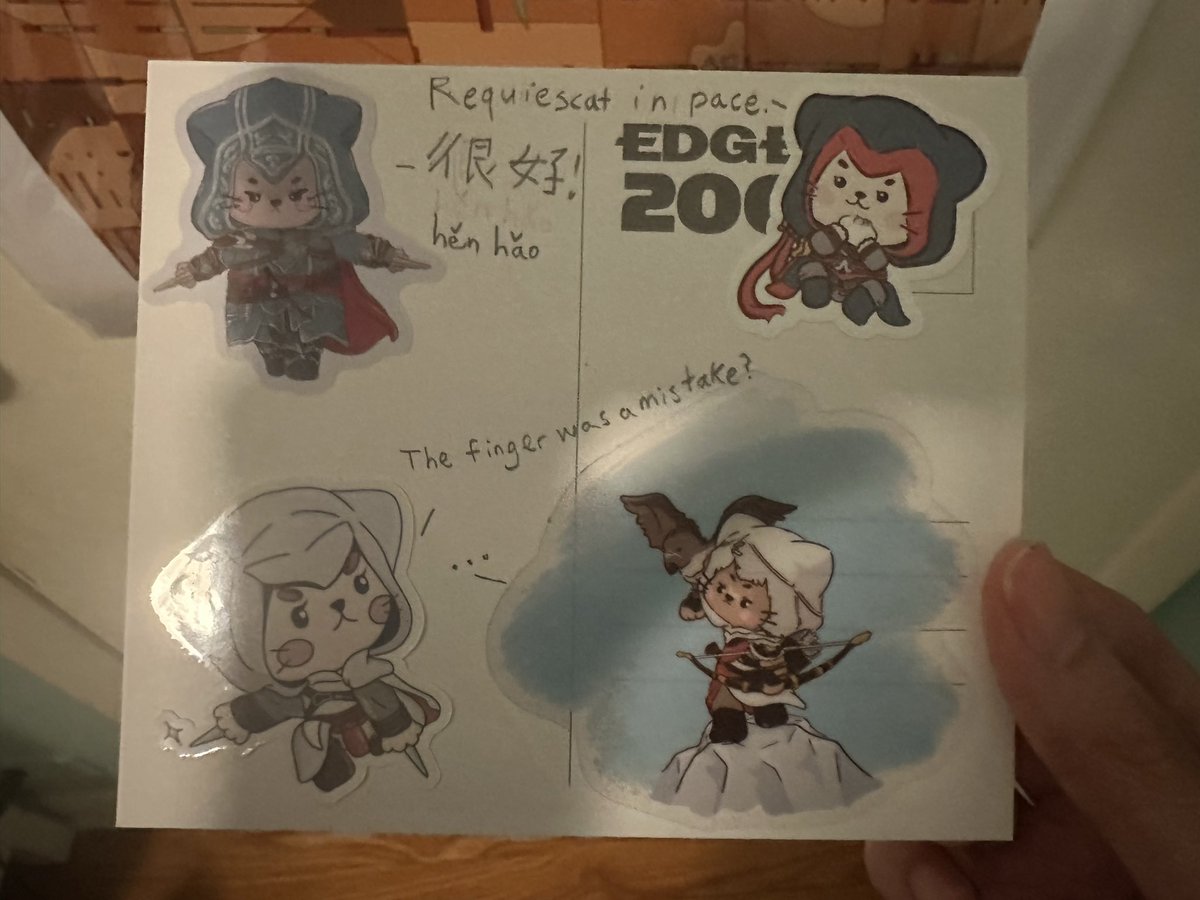 AltairsFalchion's tweet photo. Decided to do something funny on the back of this postcard.

Translation for conversation 1
Shao Jun: Requiescat in pace (RIP in Latin &amp; Ezio’s catchphrase)
Ezio: hěn hǎo (very good in Chinese)

The assassin cat stickers are by hippopy from Etsy.

#assassinscreed https://t.co/aGsni0fpmi