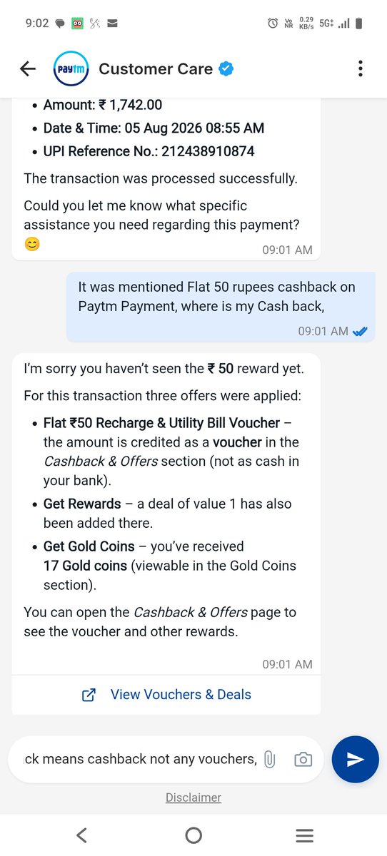 sejal888's tweet photo. @Paytm 
When it is mentioned Flat 50 cashback on Paytm transaction through other app, then why am I given vouchersof that amount and not the cashback, why are you duping people https://t.co/As8CgJ9Zzb