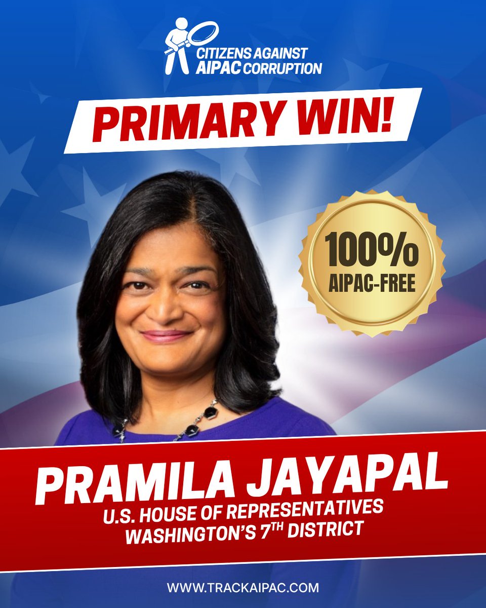 TrackAIPAC's tweet photo. Congratulations to @PramilaJayapal for advancing to the general election in #WA07!

Standing against genocide is good policy and good politics! https://t.co/Hl5qpm09Wx