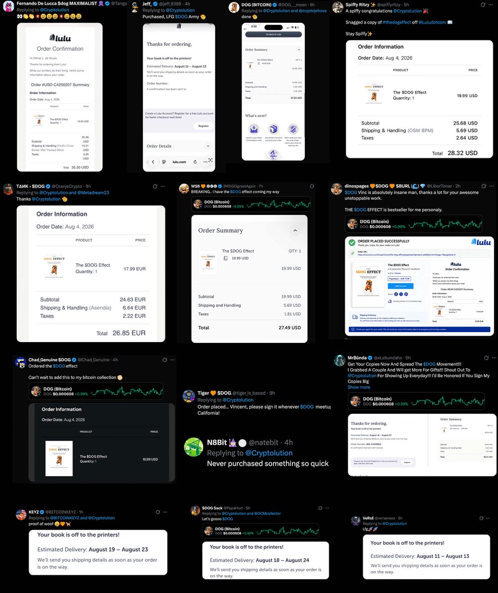 Cryptolution's tweet photo. 📖 "THE solana:dog1viwbb2vWDpER5FrJ4YFG6gq6XuyFohUe9TXN65u EFFECT" is officially spreading around the world.

Seeing the community post their orders, delivery confirmations, and excitement has been incredible. 🧡

Shout outs: @TangoTango @jeff_9366 @DOG___moon @spiffyritzy @OranjeCrypto @RSGOgreatAgain @LiborTonar @Chad_Genuine @tiger_is_based @natebit @xLabundahx @BITCOINKEYZ @PapaHurt @verseveee

Be part of the first edition that documents the history and movement behind the first memecoin native to Bitcoin.

Get your copy today:
 https://t.co/Js39CYvJz7

👇 Reply with your order confirmation and I'll repost it.