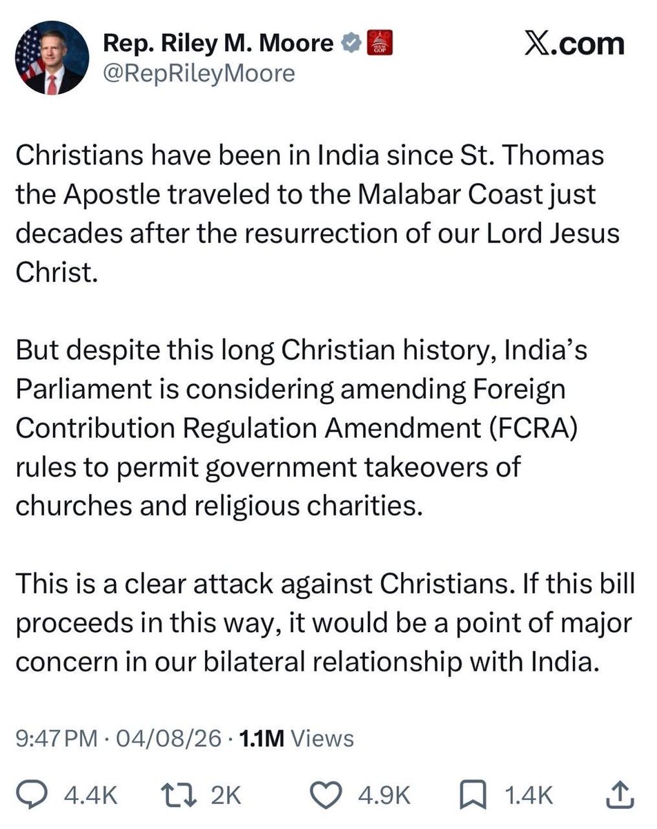 vinod_bansal's tweet photo. Dear Mr. @RepRileyMoore, 
Please inform which provision of the Foreign Contribution Regulation Amendment (FCRA) rules...

1.  'permits government takeover of churches and religious charities' in India. 2. 'attack against Christians' 
3. may become 'major concern' in 
the 'bilateral relationship with India.'

However, it will definitely stop those who receives foreign funds in the name of charity but use them for illegal religious Conversion, anti Bharat, deep state and political activities to destabilize our country. 

One can understand your concern.
Kindly Stop rumour mongerings.

The @MEAIndia @FinMinIndia @MIB_India to please keep a watch on such liars and fake propagandists.