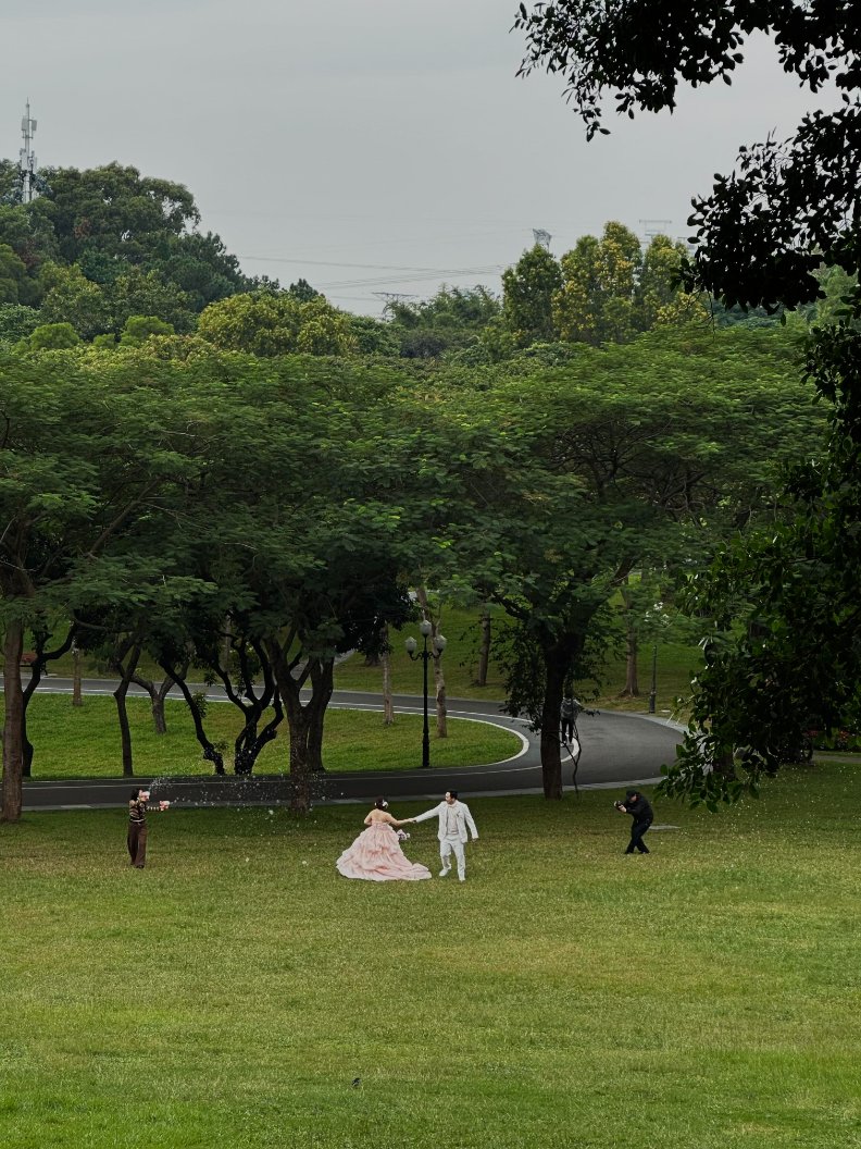 SilentHaltca0's tweet photo. City park wrapped in green, open lawns, winding paths, old archway lifted from another time. Black off-shoulder with wire-rimmed glasses, steps easy. Wedding dress billowing in the breeze, noise and quiet holding their own space. Urban green always makes room for softness 🌳🖤 https://t.co/dHkIewoIm3