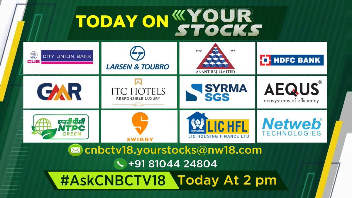 CNBCTV18Live's tweet photo. #COMINGUP | What's on your watchlist today?
Drop in with your stock queries and tune in to Your Stocks at 2 PM on CNBC-TV18 as our market experts answer them #LIVE
#DalalStreet #StockTalk #CNBCTV18 #CNBCTV18Market @vinnii_motiwala @Arundathi_Ram https://t.co/EkdqoMpeGp