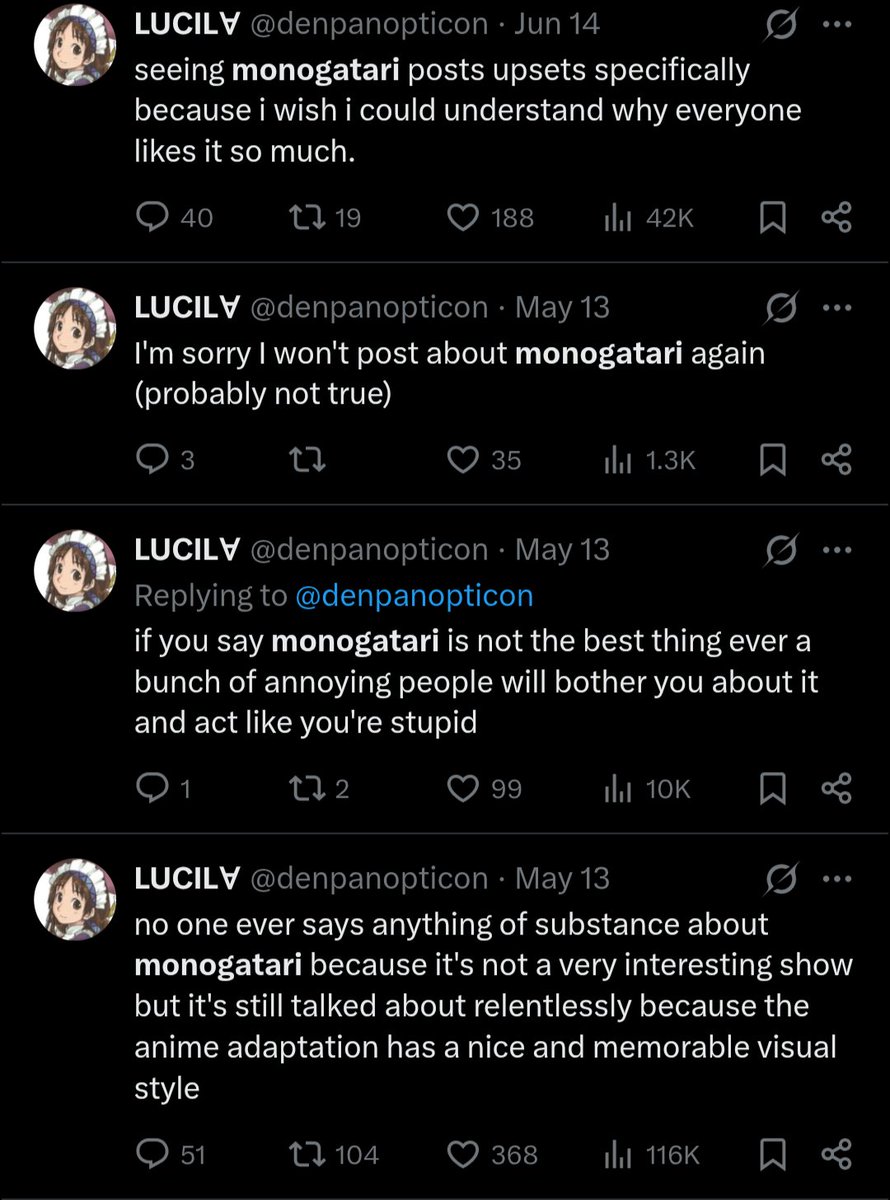 setsukazus's tweet photo. every time I see this account they're just making posts about being the only person on earth who doesn't like monogatari so I searched it and this is really just the only gimmick huh https://t.co/xeBERxQTHZ