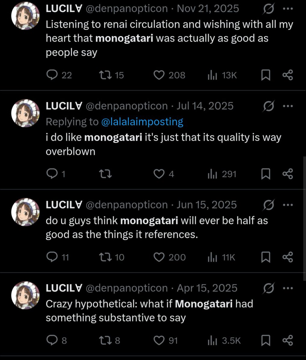 setsukazus's tweet photo. every time I see this account they're just making posts about being the only person on earth who doesn't like monogatari so I searched it and this is really just the only gimmick huh https://t.co/xeBERxQTHZ