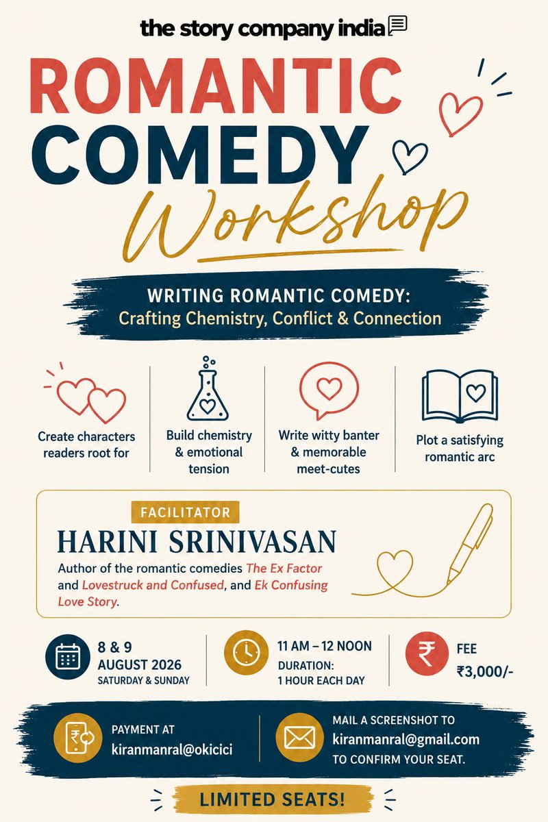 KiranManral's tweet photo. Happening this weekend.

Learn how to write chemistry, banter, conflict, tension &amp; a romantic arc readers root for with rom-com author @HSriniv12  

8 &amp; 9 Aug, Saturday and Sunday
11 am to 12 noon. 
Rs 3,000/-
Limited seats
Details below. https://t.co/CLOlKCZ0BB