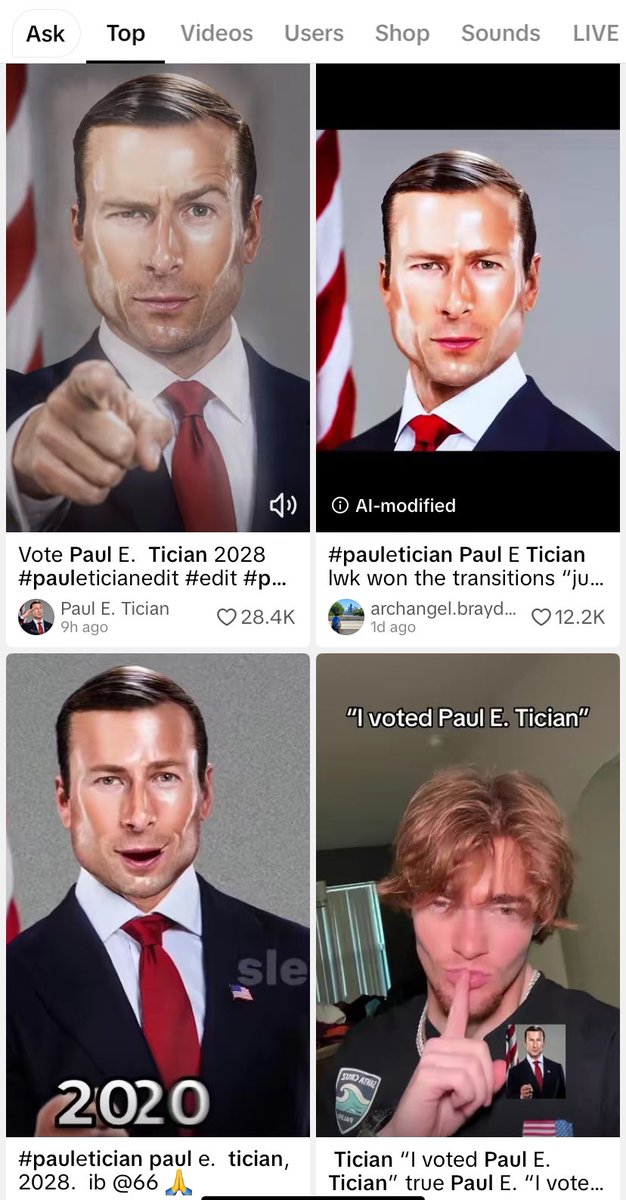 Muikicho's tweet photo. There is an absolutely giga new meme that’s literally an ai president everyone is spamming in the comments of every Instagram and tiktok video called Paul E. Tician and I just onboarded @CTWW27 the original creator tiktok

https://t.co/IdwfRB0lEx https://t.co/gV6UTdMKLf