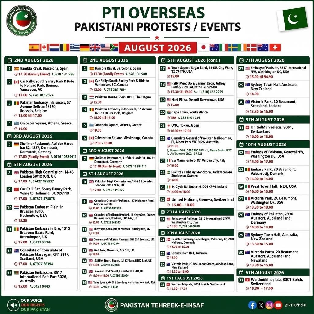 pti416's tweet photo. PTI overseas protest dates and locations. Please join the protest in your respective region and raise your voices for Pakistan/Imran Khan and Kashmir. Utho jago kadam barhao, abhi nahin to kabhi nahin. https://t.co/Ok3d5grY8v