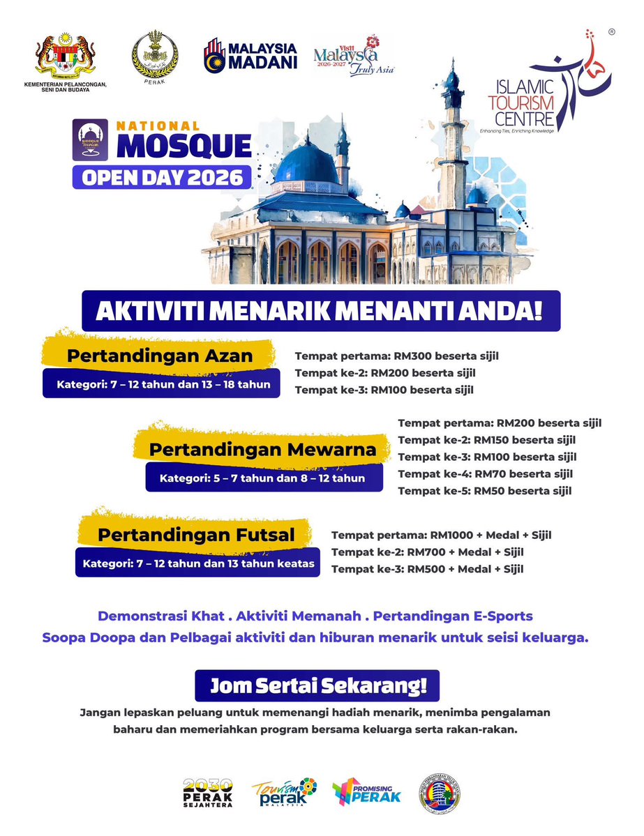 DrZahidHamidi's tweet photo. 𝐍𝐚𝐭𝐢𝐨𝐧𝐚𝐥 𝐌𝐨𝐬𝐪𝐮𝐞 𝐎𝐩𝐞𝐧 𝐃𝐚𝐲 𝟐𝟎𝟐𝟔 @𝐌𝐚𝐬𝐣𝐢𝐝 𝐓𝐮𝐦𝐢𝐧𝐚𝐡 𝐇𝐚𝐦𝐢𝐝𝐢, 𝐁𝐚𝐠𝐚𝐧 𝐃𝐚𝐭𝐮𝐤

Saya ingin menjemput seluruh warga Bagan Datuk dan semua yang berkelapangan untuk bersama-sama memeriahkan National Mosque Open Day 2026 yang akan berlangsung di Masjid Tuminah Hamidi dan Dataran Bagan Datuk.

Program ini mengetengahkan peranan masjid sebagai pusat ibadah, perkongsian ilmu, penyatuan ummah serta destinasi pelancongan Islam melalui pelbagai aktiviti yang sesuai untuk seisi keluarga.

Jemput hadir beramai-ramai seperti ketetapan berikut:
🗓️ 13 - 15 Ogos 2026
📍 Masjid Tuminah Hamidi & Dataran Bagan Datuk, Perak

Antara pengisian menarik:
✅ Ceramah Khas bersama Al Fadhil Ustaz Habib Ali Zaenal Abidin Alhamid dan Al Fadhil Ustaz Habib Najmuddin Othman Alkhered
✅ Persembahan Kumpulan Qasidah
✅ Street Soccer 3X3, Futsal & E-Sports
✅ Pertandingan Azan, Mewarna & Demonstrasi Khat
✅ Mosque Tour, Memanah, Brisk Walk, Sand Art, Giant Bubble Station serta pelbagai aktiviti komuniti

Penyertaan adalah PERCUMA dan terbuka kepada semua lapisan masyarakat.

Jemput hadir beramai-ramai. Insya-Allah, kita jumpa di sana yaa.

#NationalMosqueOpenDay2026
#MasjidTuminahHamidi
#BaganDatuk