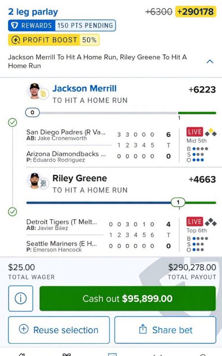 GamblingParlab's tweet photo. The pressure is on, but one more home run could turn this into an unforgettable six-figure score. Finish the job! ⚾🍀💎 https://t.co/bkItvg12XY
