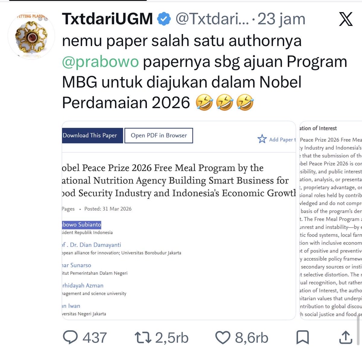 kangdede78's tweet photo. Semua narasi yg kamu cuitan @Txtdariiugm tendensius langsung menuduh Presiden Prabowo yang ngajuin Nobel.

Ini tuduhan serius. https://t.co/7kOprcbB4g