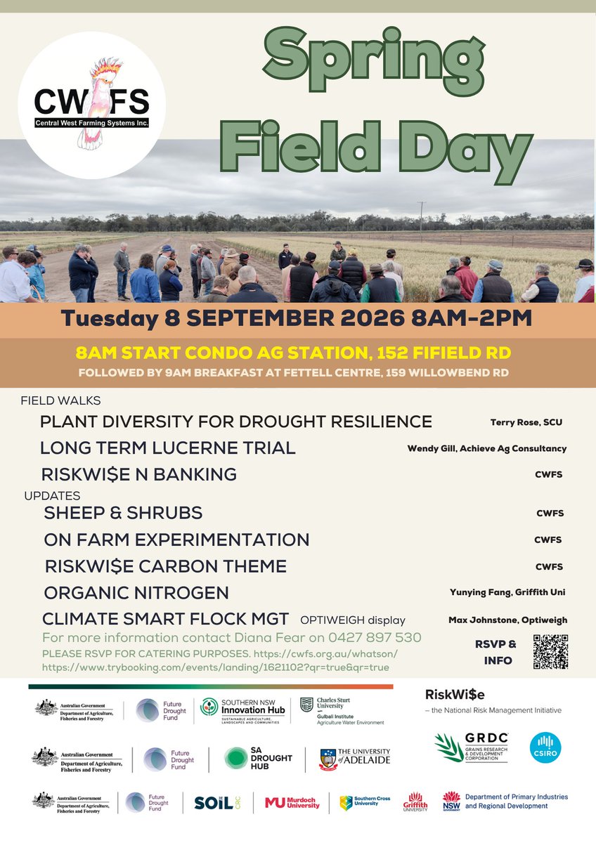 CWFS_Condo's tweet photo. DON"T MISS OUT Spring Field Day — Tue 8 Sept, 8am, Condobolin Ag Station. Field walks on drought resilience, lucerne trial & N banking, plus flock mgt & Optiweigh updates. Breakfast included. RSVP essential: https://t.co/FVFMyeNekV
#CWFS #GRDC #FutureDroughtFund https://t.co/bfLuoZoQgz