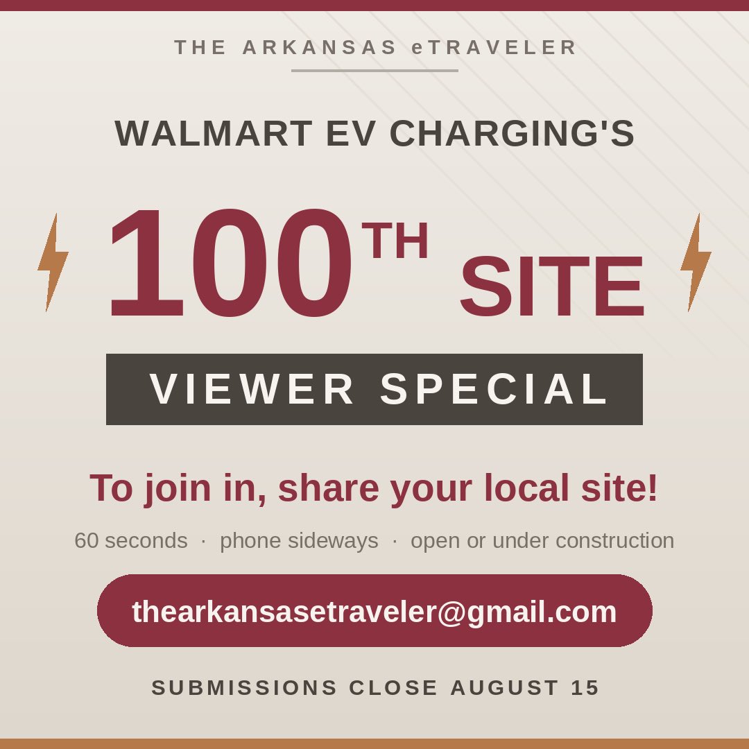 TheArkeTraveler's tweet photo. Walmart EV Charging has hit 100 open sites!

To celebrate this achievement of Walmart EV Charging and the community that helps me keep tabs on all of it, we're going to let the viewers show off the progress through their eyes!  

So if there's one near you, I would love for you to shoot 60 seconds on your phone, held sideways. Say where you are, show us the stalls, and maybe tell us one thing I can't get from a permit filing. Sites under construction count too!  

Email it to thearkansasetraveler@gmail.com with your city and state in the subject line. Deadline is August 15. Anything I use gets your name (or how you wish to be credited) on screen — and sending it in means I can use it.  I have added a column to my data sheets so you can verify that your location hasn’t already been taken! https://t.co/3UkOJ9imm9